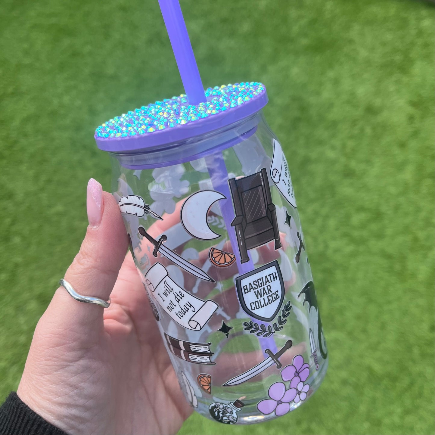 Fourth Wing Glass Jar cup with Rhinestone Lid and Straw
