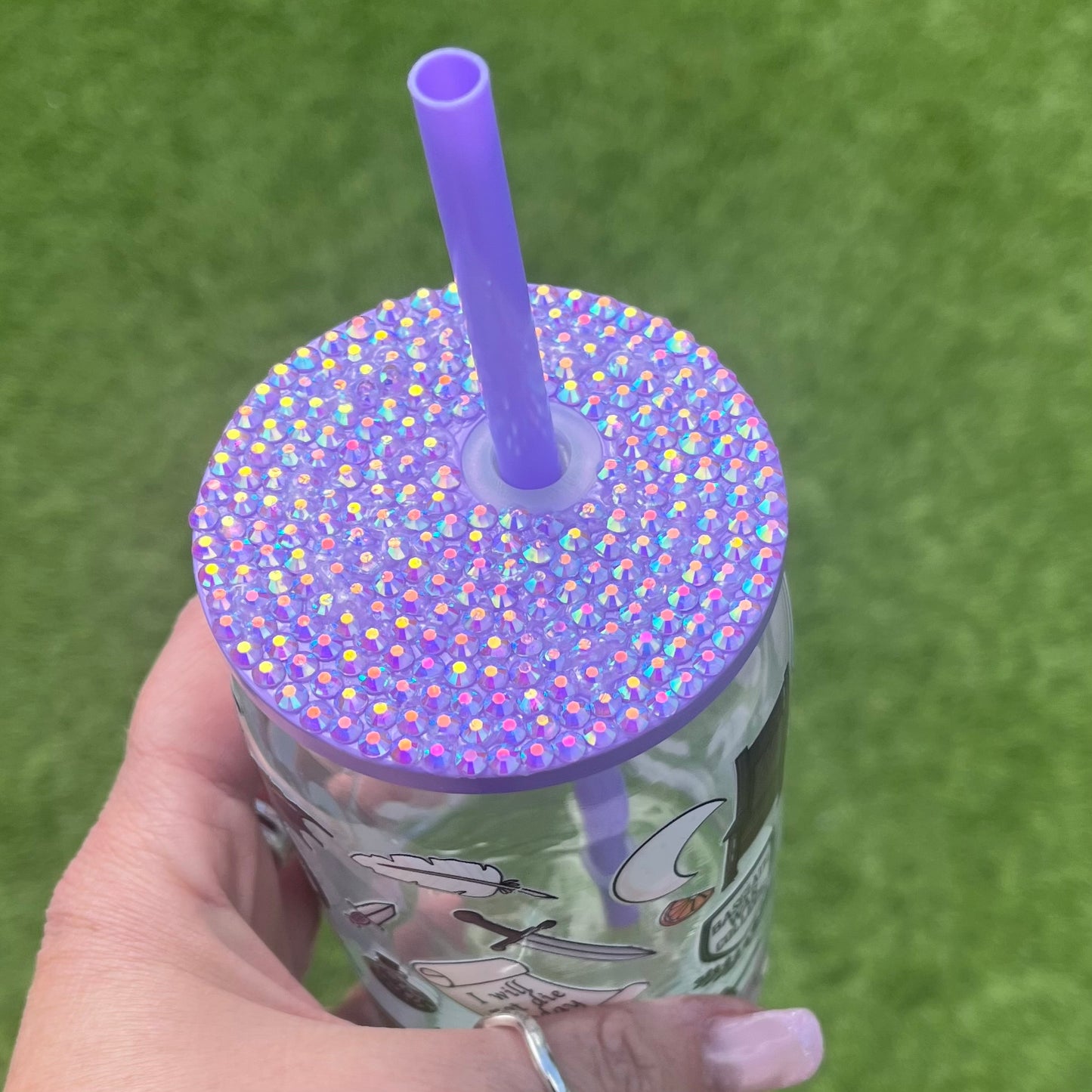 Fourth Wing Glass Jar cup with Rhinestone Lid and Straw
