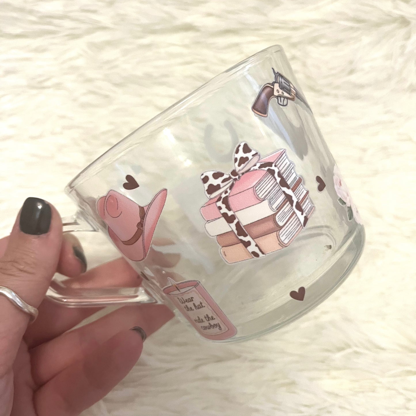 Cowgirl Glass Mug | Western Coffee Cup with Roses, Cowboy Hat Quote, Horseshoe & Revolver Design