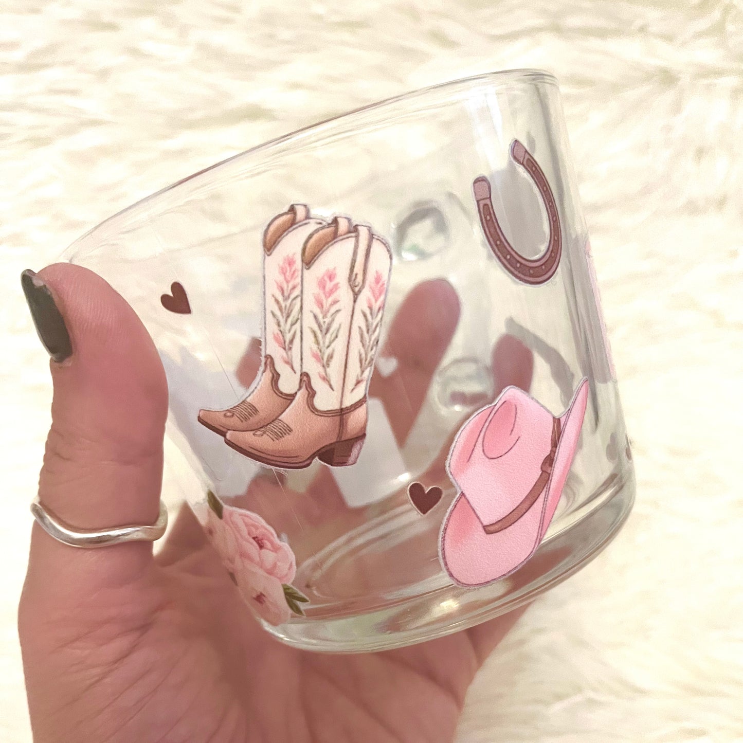 Cowgirl Glass Mug | Western Coffee Cup with Roses, Cowboy Hat Quote, Horseshoe & Revolver Design