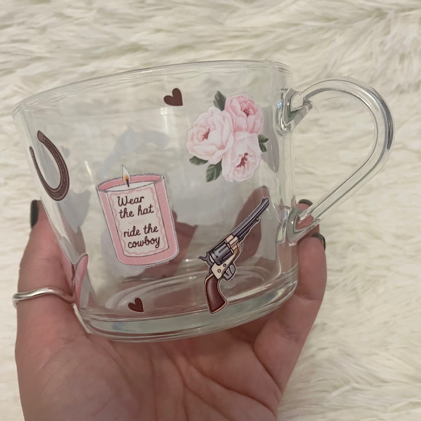 Cowgirl Glass Mug | Western Coffee Cup with Roses, Cowboy Hat Quote, Horseshoe & Revolver Design