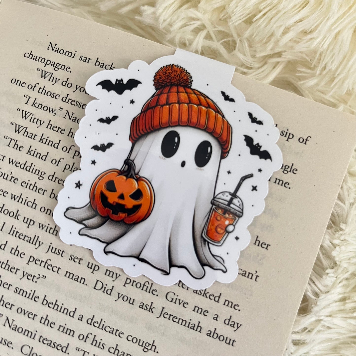 Cute Halloween Ghost Magnetic Bookmark, Cosy Autumn Ghost with Pumpkin & Drink. Spooky Season Book Lover Gift