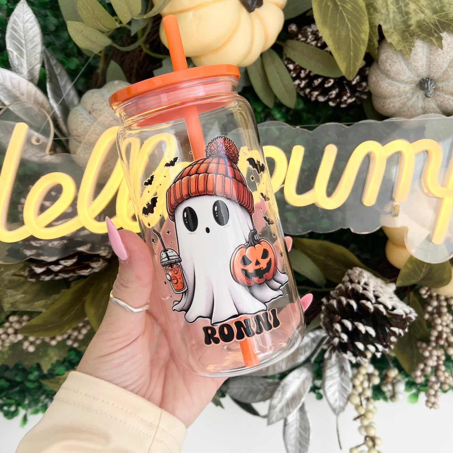 🎃 Personalised Halloween Ghost Plastic Can Glass with Lid & Straw – Custom Name Option 🎃