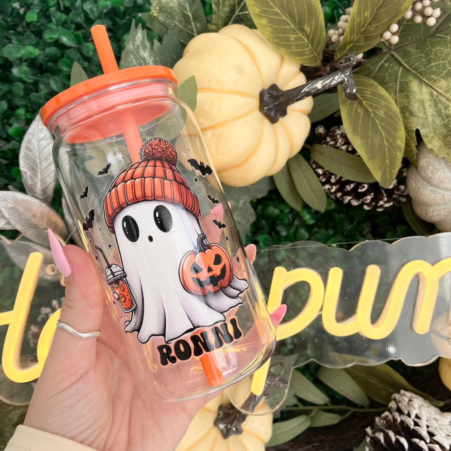 🎃 Personalised Halloween Ghost Plastic Can Glass with Lid & Straw – Custom Name Option 🎃