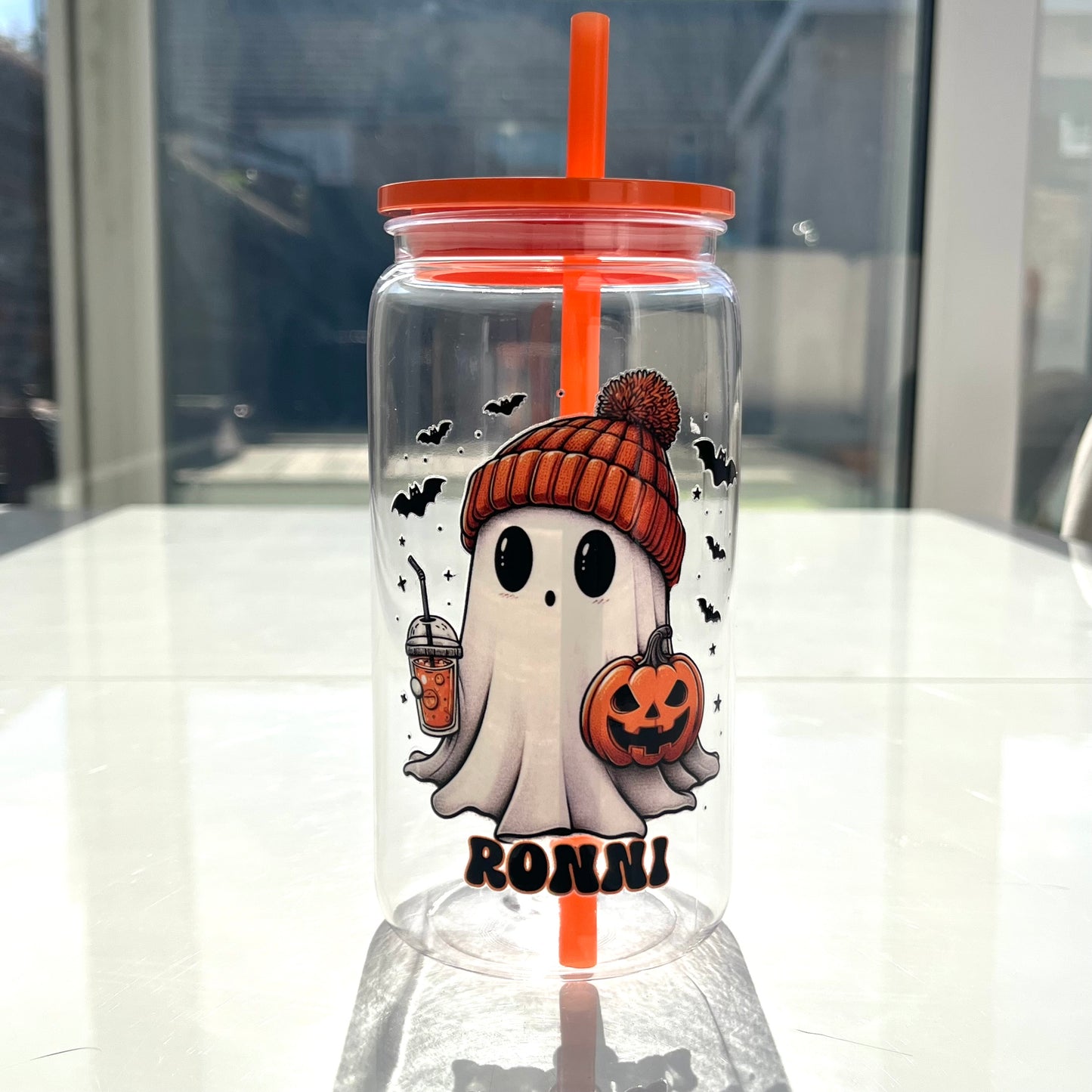 🎃 Personalised Halloween Ghost Plastic Can Glass with Lid & Straw – Custom Name Option 🎃