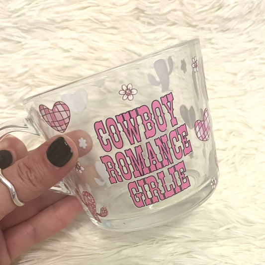 Cowboy Romance Girlie Glass Mug – Western Aesthetic Coffee Cup, Bookish Romance Gift, Cute Pink Heart Clear Mug