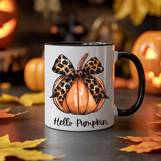 Hello Pumpkin Mug – Leopard Print Bow Pumpkin Coffee Cup | Fall Autumn Halloween Mug | Seasonal Gift for Pumpkin Lovers