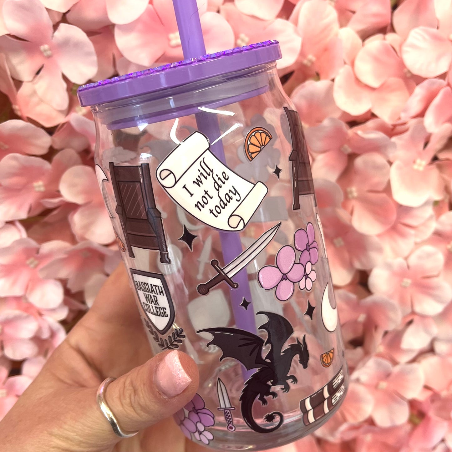Fourth Wing Glass Jar cup with Rhinestone Lid and Straw