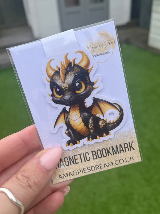 Magical Dragon Magnetic Bookmark – Black and Gold Fantasy Design