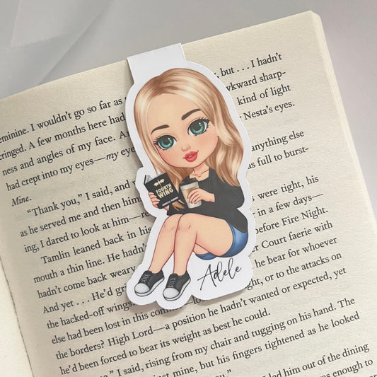 Custom Personalised Magnetic Bookmark – Bookish Girl with Coffee or Drink – Choose Hair, Outfit, Book & Drink – Gift for Readers & Fantasy Lovers