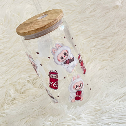 Little Monster Can Glass | Cute Kawaii Tumbler with Bamboo Lid &amp; Straw | 16oz Glass Cup for Iced Coffee, Tea, Soda | Fun Gift for Monster Lovers