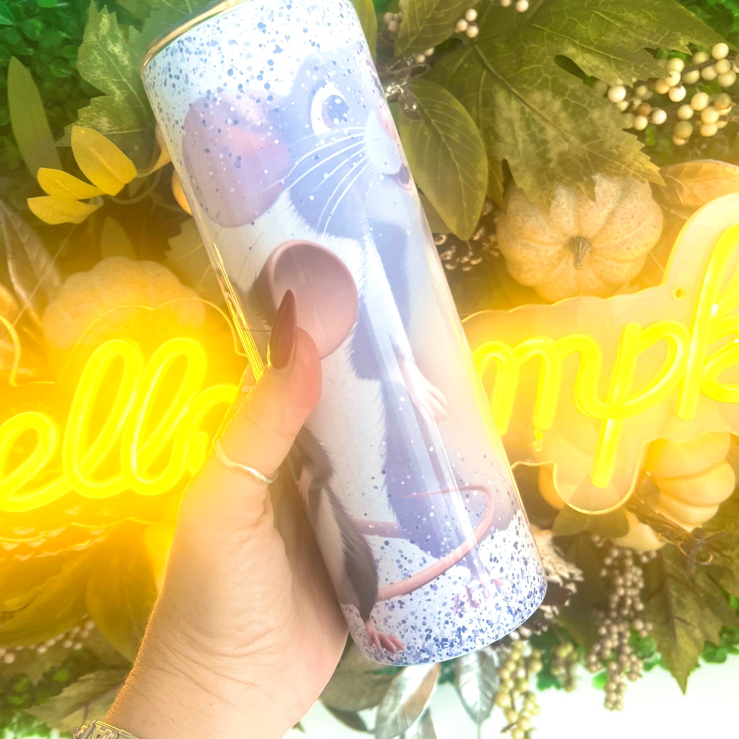 Personalised 20oz Sublimation Tumbler | Cute Rat Character Tumbler with Straw & Lid | Custom Name Glitter Effect Cup | Gift for Rat Lovers