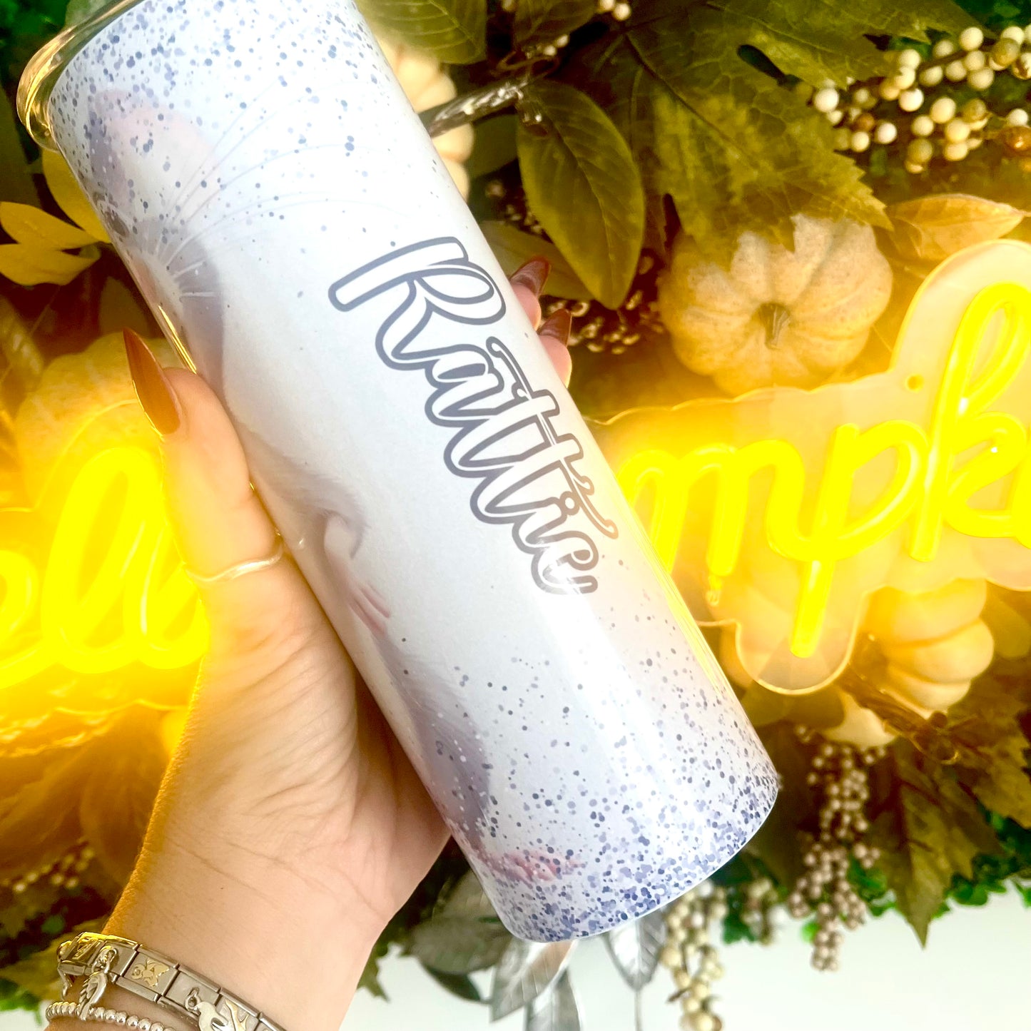 Personalised 20oz Sublimation Tumbler | Cute Rat Character Tumbler with Straw & Lid | Custom Name Glitter Effect Cup | Gift for Rat Lovers