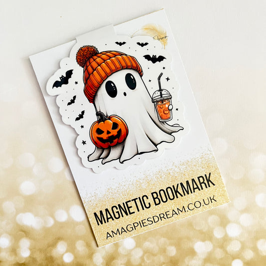 Cute Halloween Ghost Magnetic Bookmark, Cosy Autumn Ghost with Pumpkin & Drink. Spooky Season Book Lover Gift