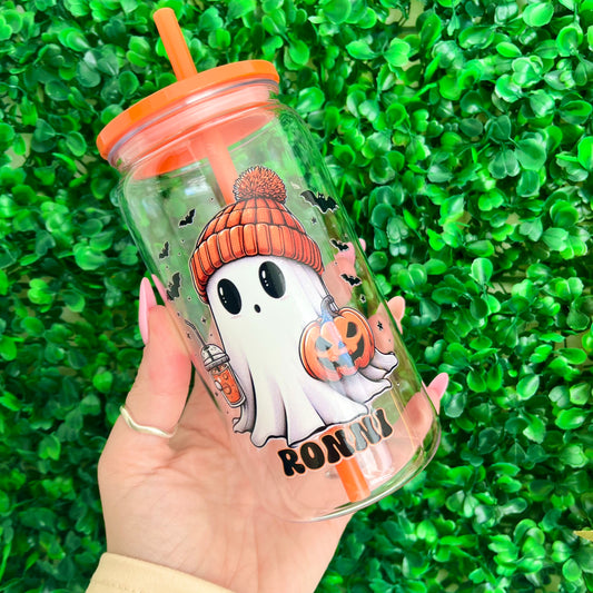 🎃 Personalised Halloween Ghost Plastic Can Glass with Lid & Straw – Custom Name Option 🎃