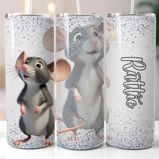 Personalised 20oz Sublimation Tumbler | Cute Rat Character Tumbler with Straw & Lid | Custom Name Glitter Effect Cup | Gift for Rat Lovers